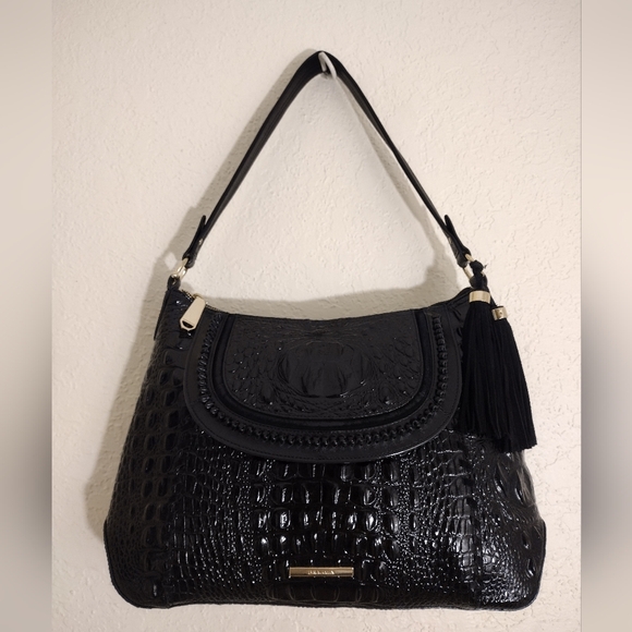Brahmin Weslynn Black Crocodile-Embossed Shoulder Bag - Picture 2 of 16
